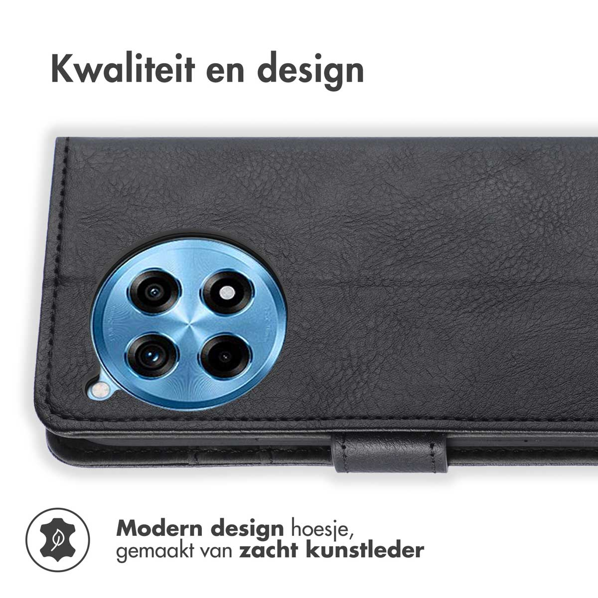 Coque de téléphone noire en cuir. Elle a un trou pour l'appareil photo et un fermoir. Un logo est sur le devant.
