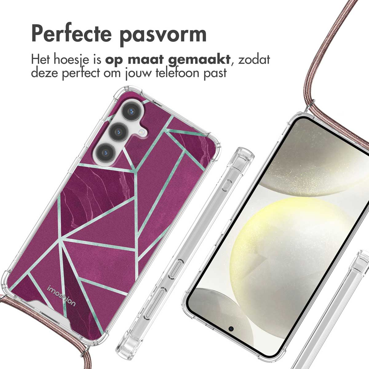 Telefoonhoesje met geometrisch ontwerp. Twee hoesjes vanuit verschillende hoeken. Tekst: 'Perfecte pasvorm'.