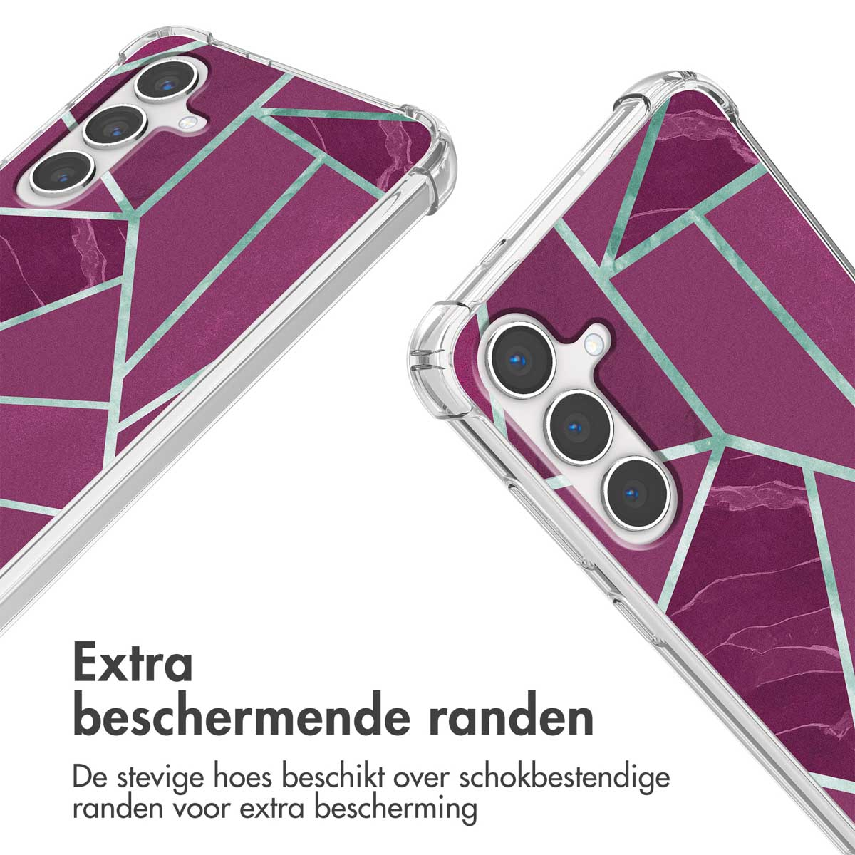 Twee transparante telefoonhoesjes met geometrisch ontwerp. Close-up van de hoek.