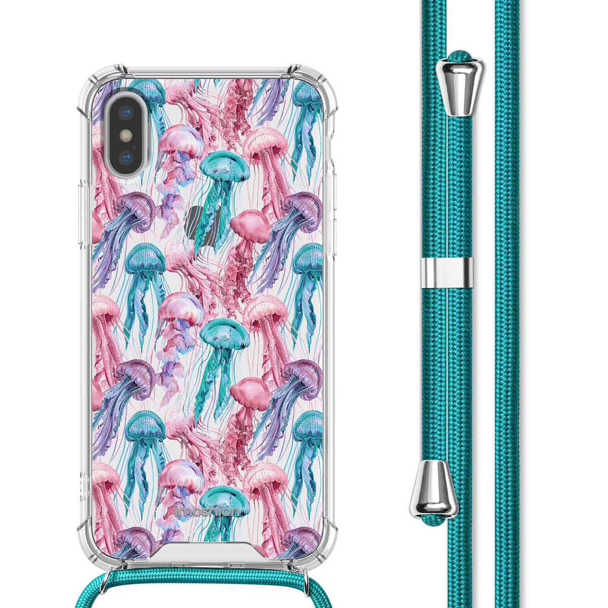 Een telefoonhoesje met een patroon van kwallen en een koord. De kwallen zijn roze, blauw en blauwgroen.