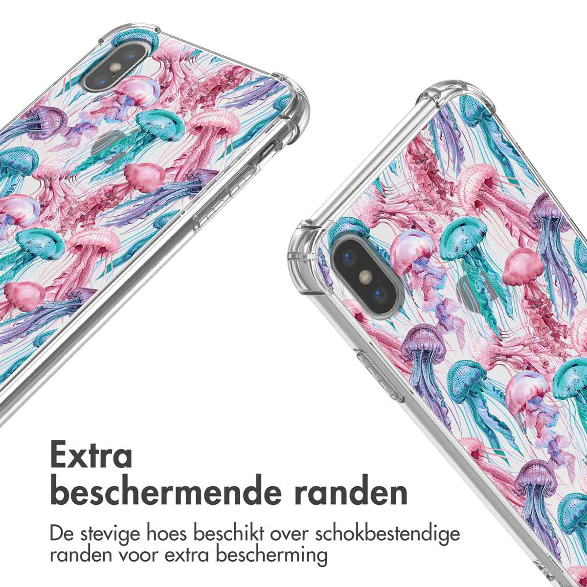 Twee telefoonhoesjes met kwallenpatroon. De achtergrond is wit.