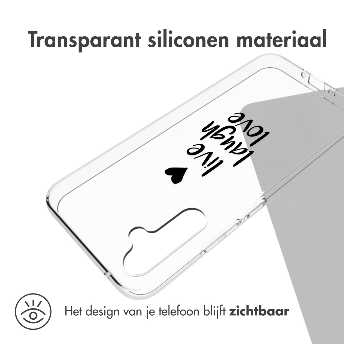 Transparant telefoonhoesje met 'Live Laugh Love' tekst en een hart-icoon.