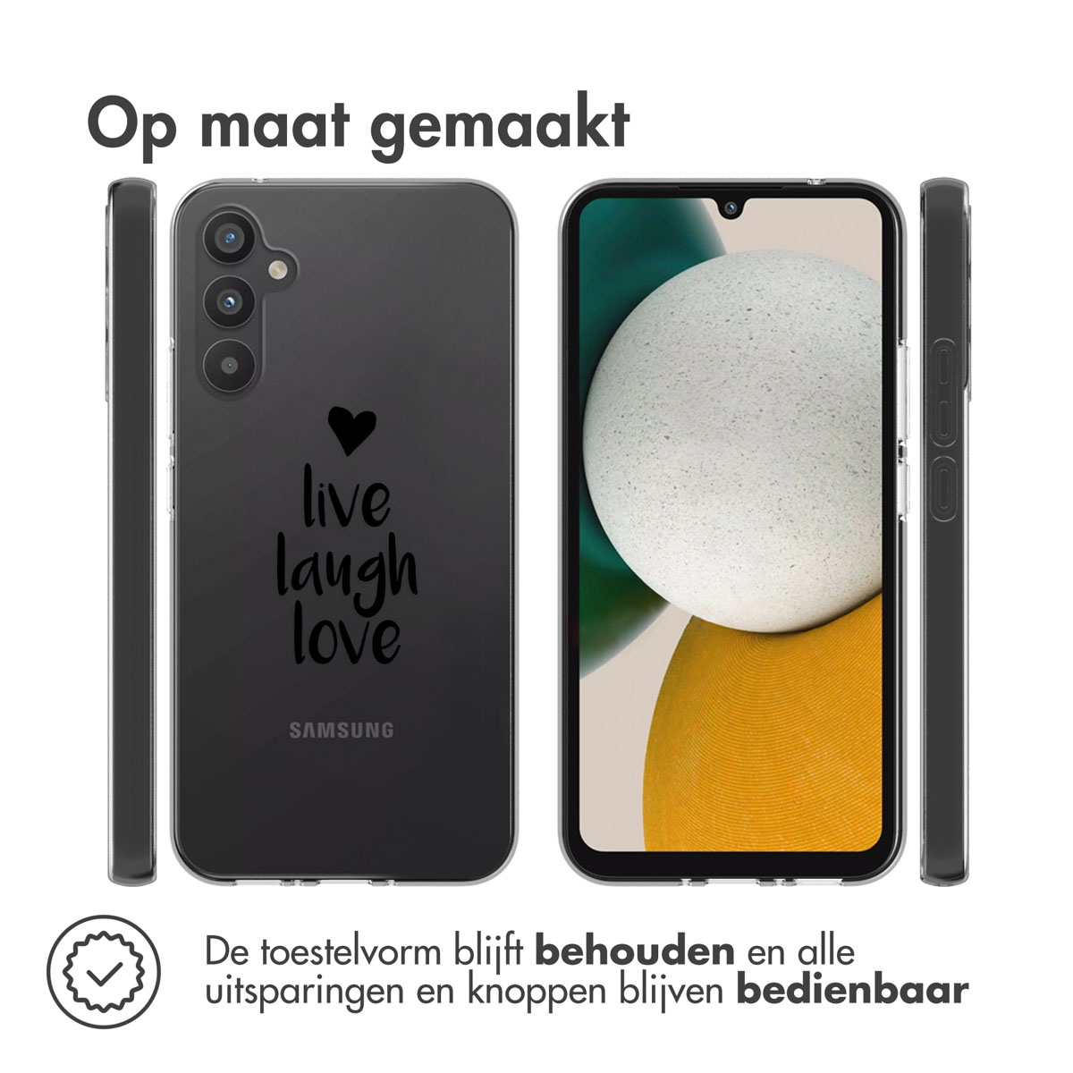 Telefoonhoesje met live, laugh, love tekst. Telefoon aan de rechterkant, zwarte hoes.