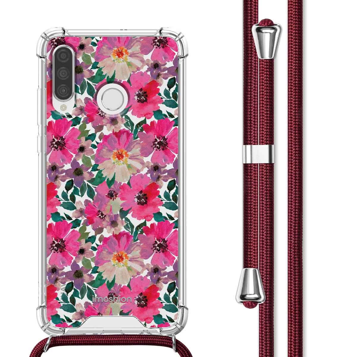 Telefoonhoesje met een bloemenpatroon van roze en paarse bloemen. Tekst: Perfecte pasvorm. Rood koord.