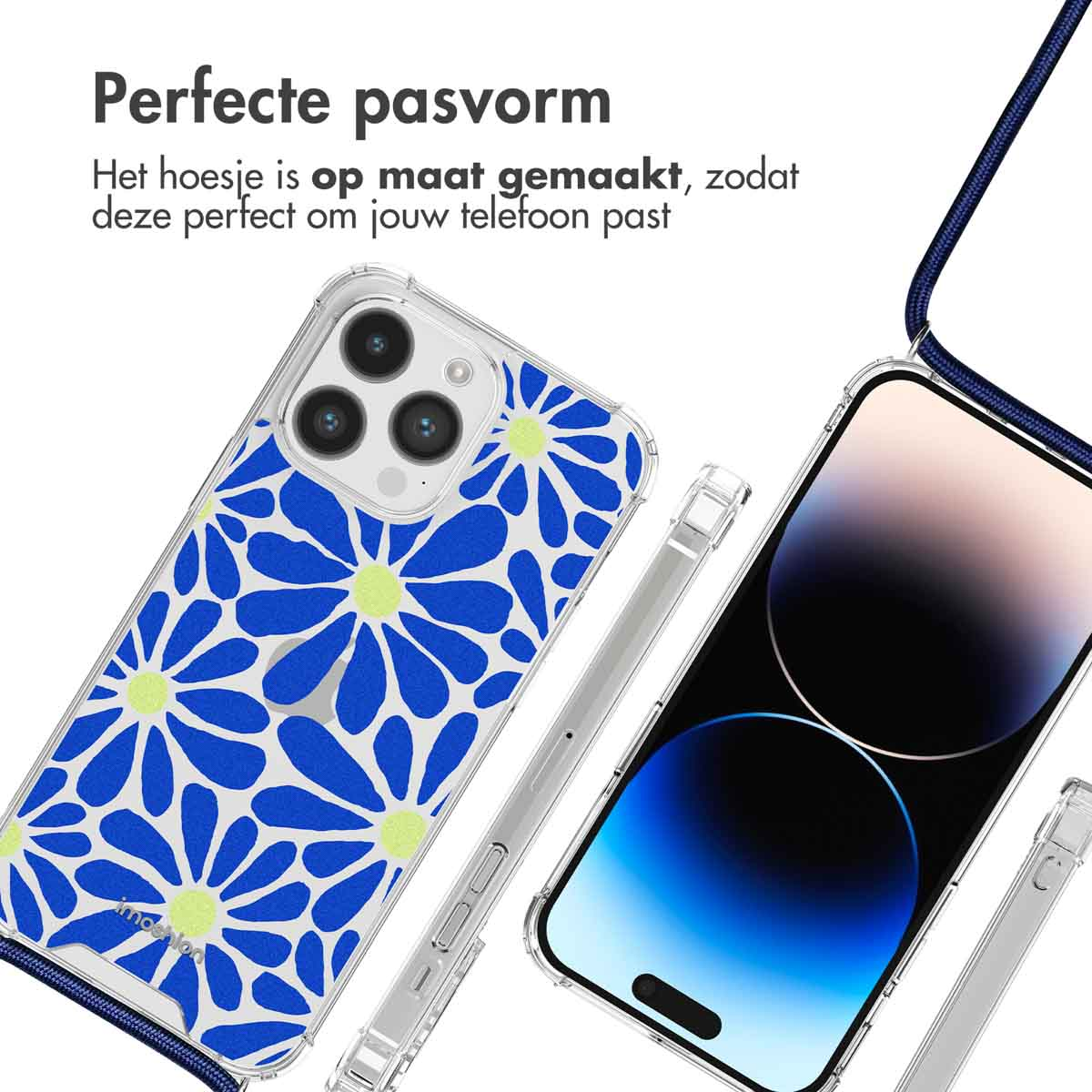 Telefoonhoesje met een blauw madeliefpatroon. Telefoon en hoesje zijn zichtbaar.