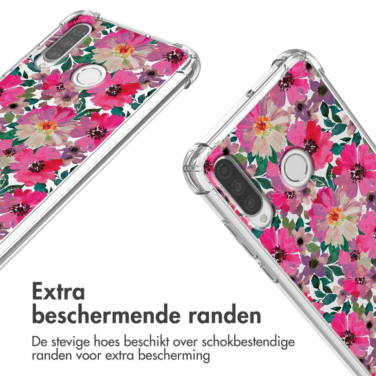 Close-up van twee telefoonhoesjes met bloemenpatroon. Transparante randen, roze bloemen op wit.