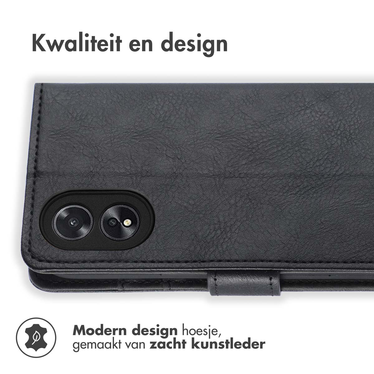 Custodia per telefono nera con un design moderno, realizzata in morbida ecopelle.
