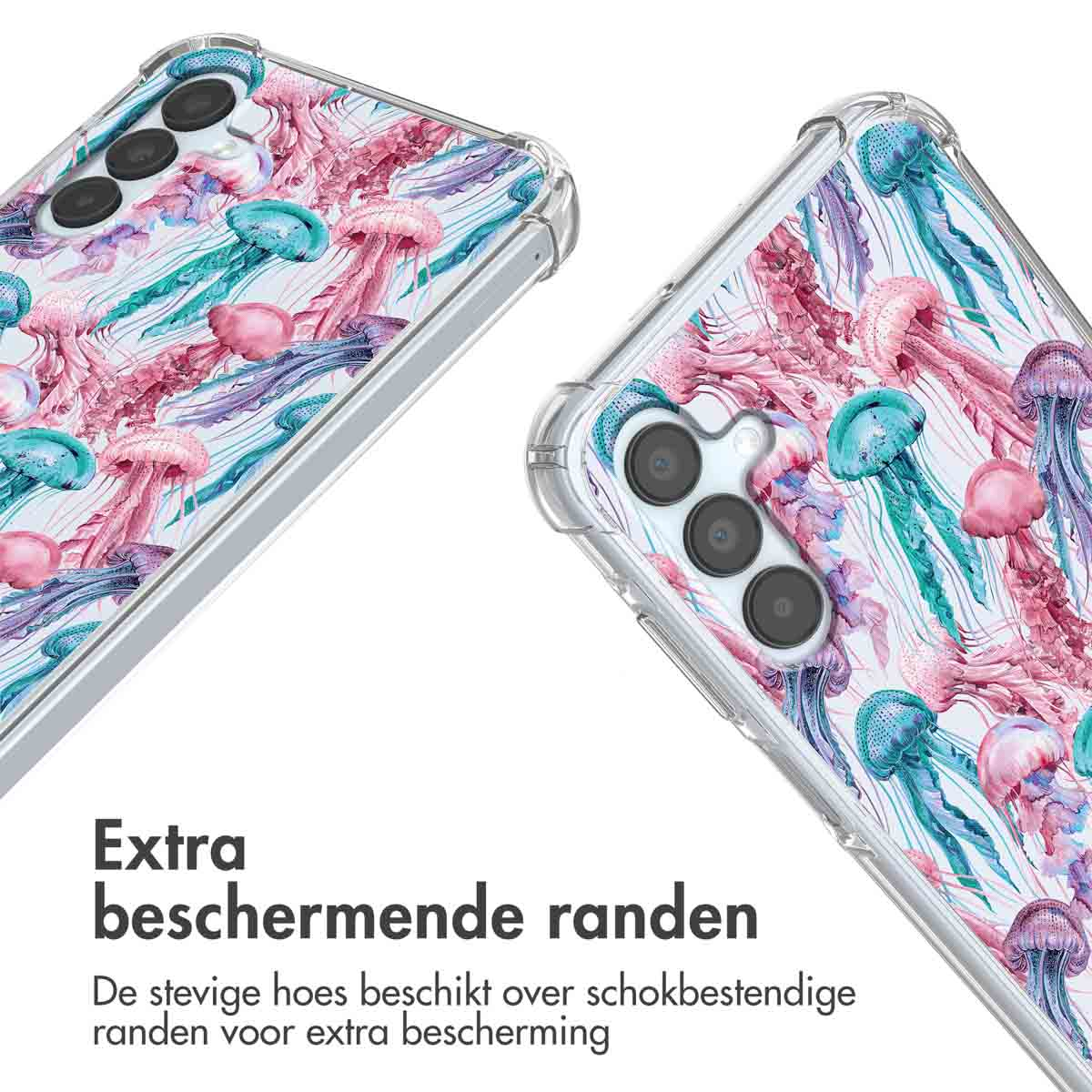 Deux coques de téléphone avec un motif de méduses. Le fond est blanc.