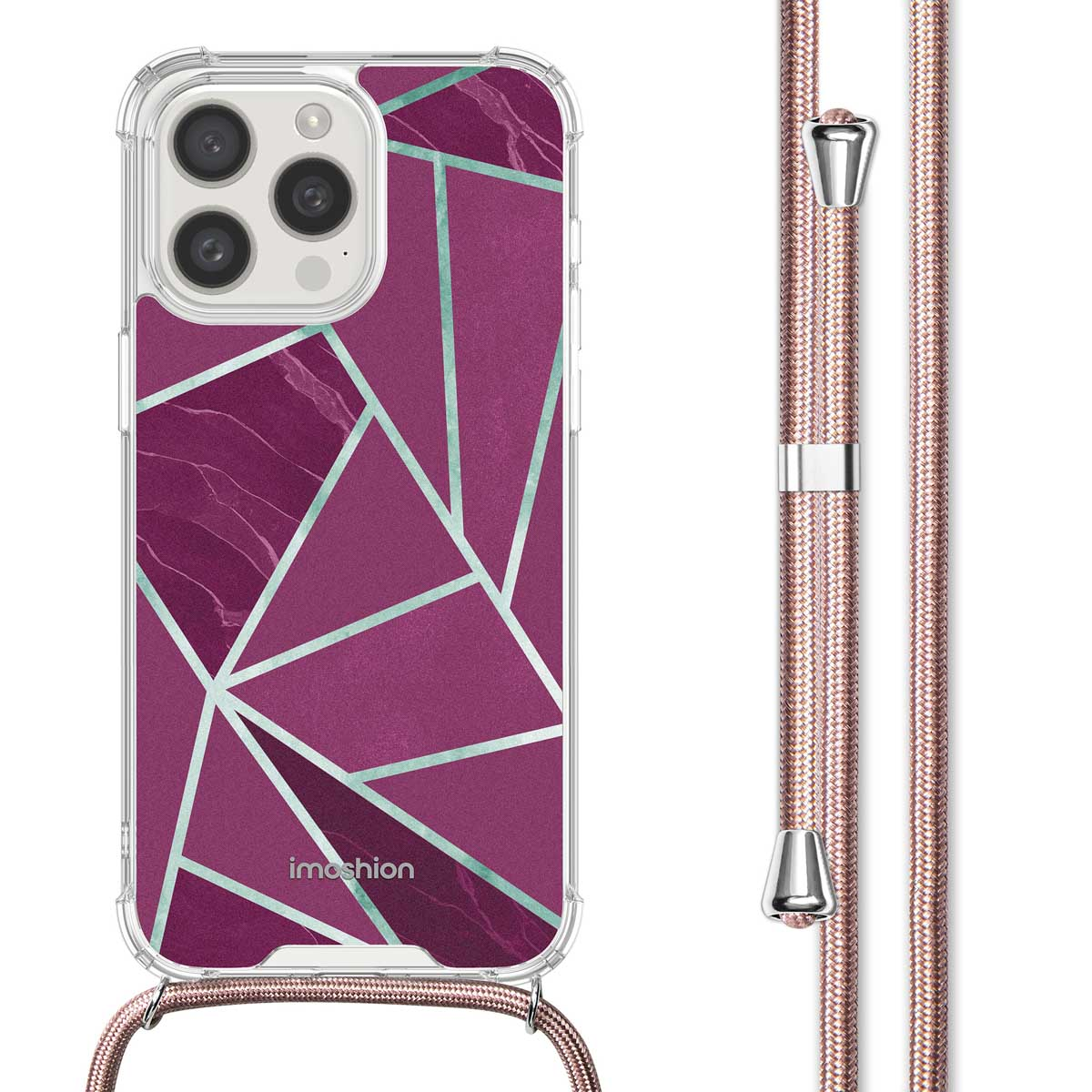 Coque de téléphone avec un design géométrique violet et un cordon rose. L'étui est sur un téléphone.