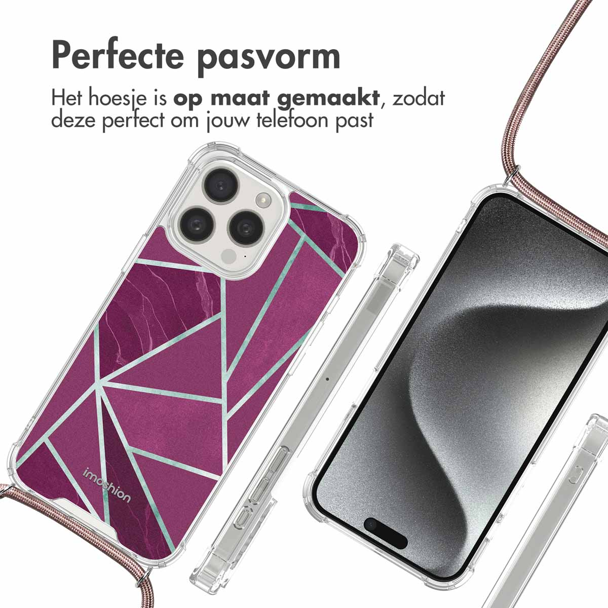 Coque de téléphone avec un design géométrique rose et violet, et un téléphone transparent. Texte : Ajustement parfait.