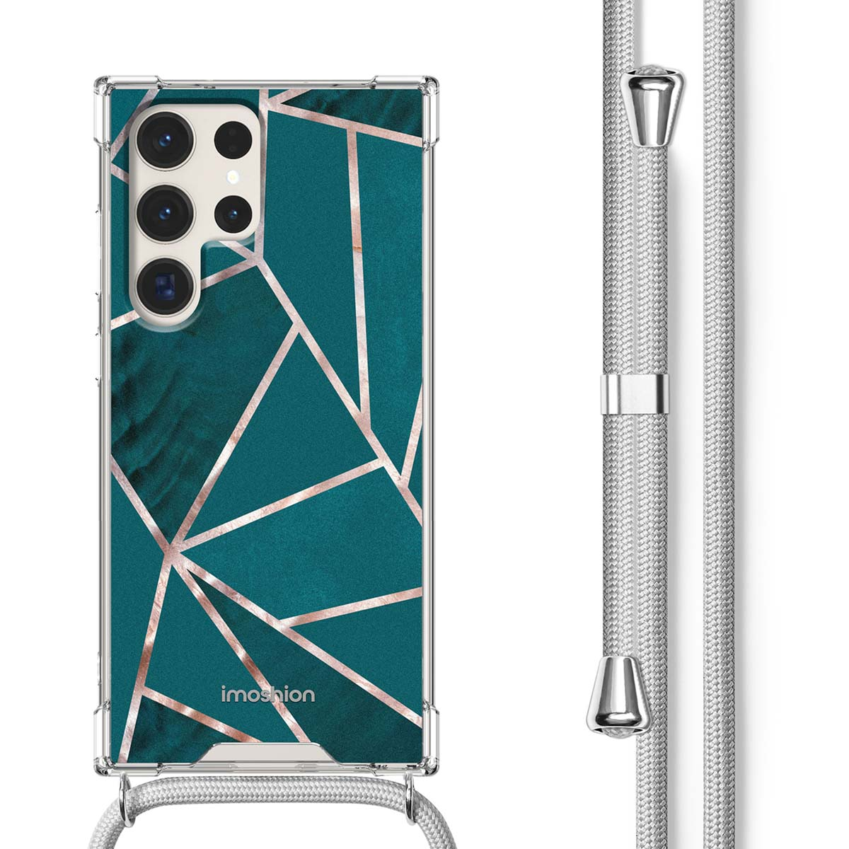 Telefoonhoesje met geometrisch blauwgroen design, zilveren koord. Telefoon en koord op witte achtergrond.