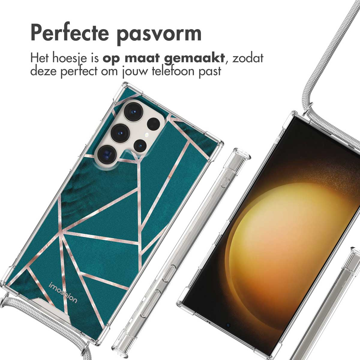Transparante telefoonhoes met een geometrisch ontwerp en een telefoon erin. Een bandje is ook aan de telefoon bevestigd.