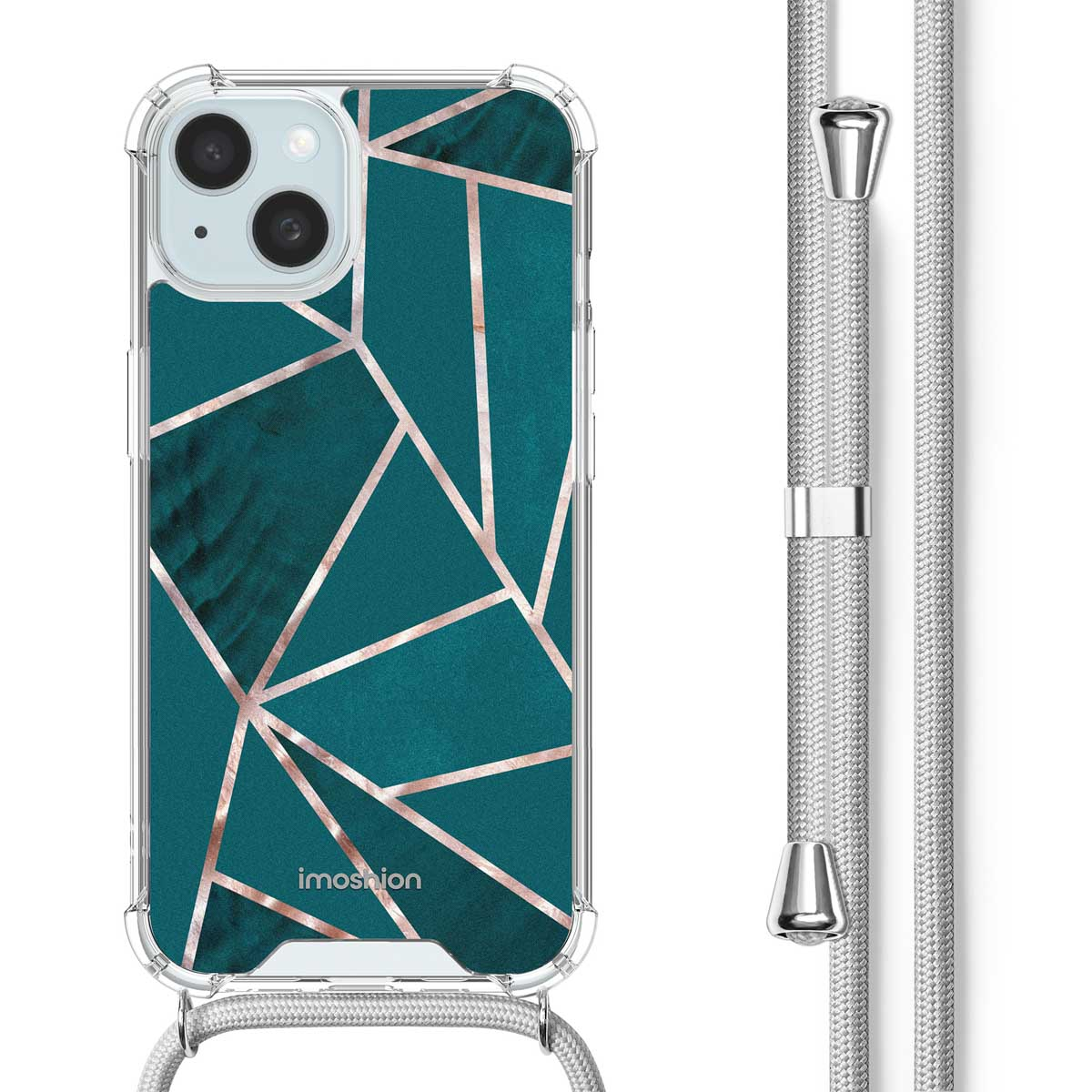 Telefoonhoesje met geometrisch ontwerp en een koord. De hoes is transparant en met patroon.