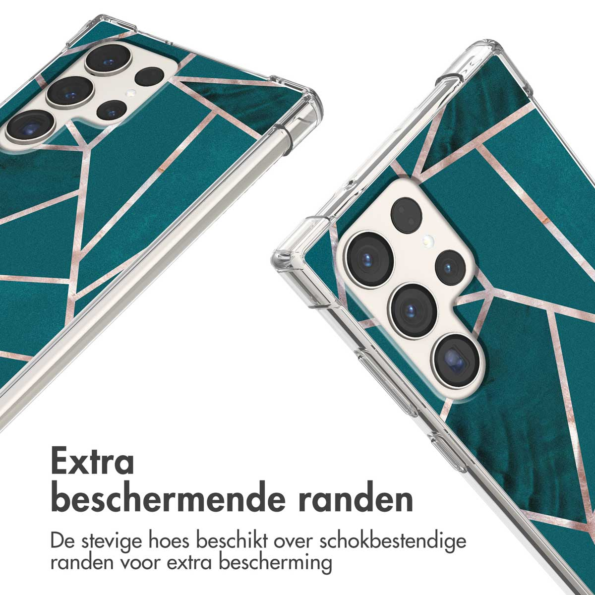 Close-up van twee telefoonhoesjes met een teal en goud marmerontwerp.