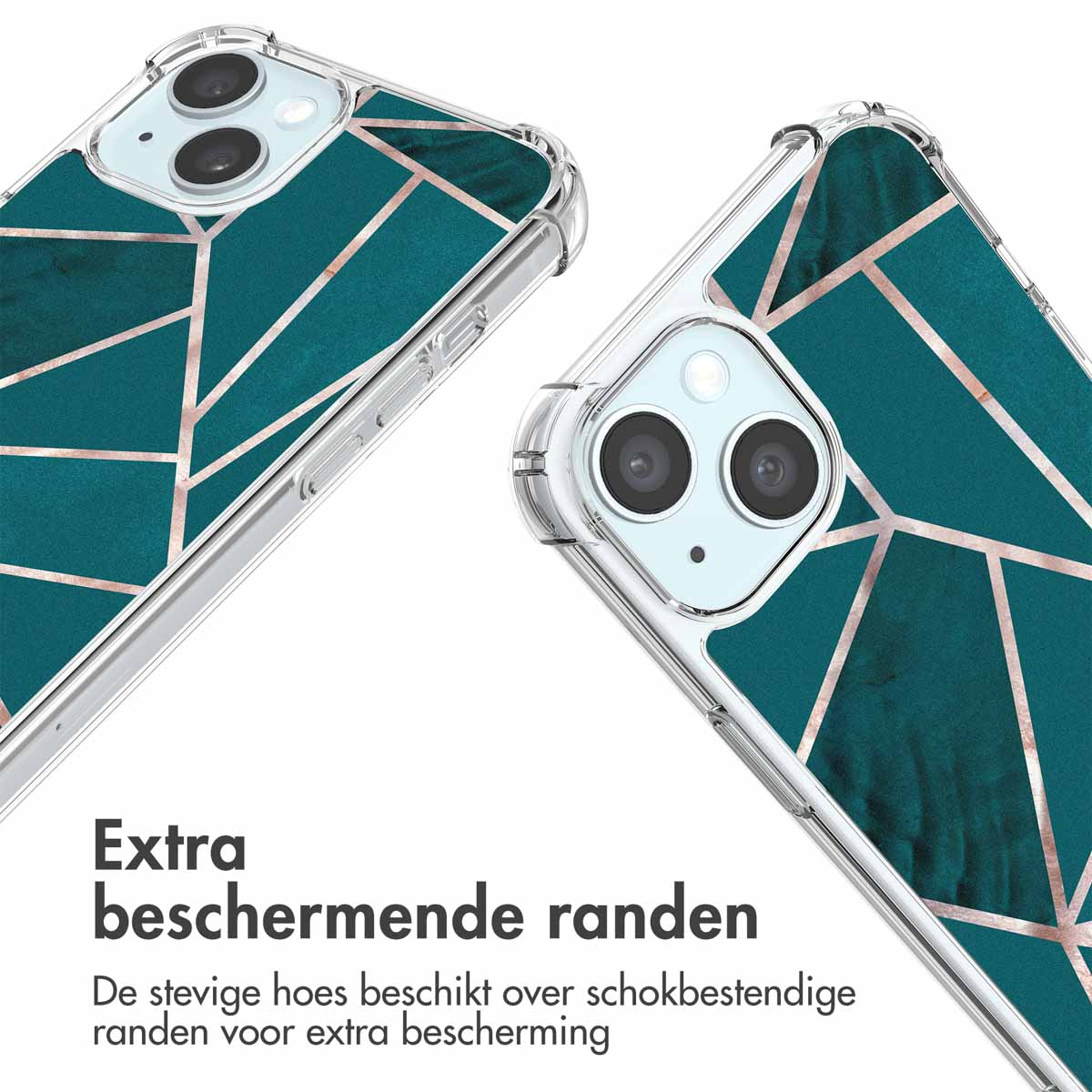 Twee transparante telefoonhoesjes met geometrisch ontwerp. Close-up van de hoek.