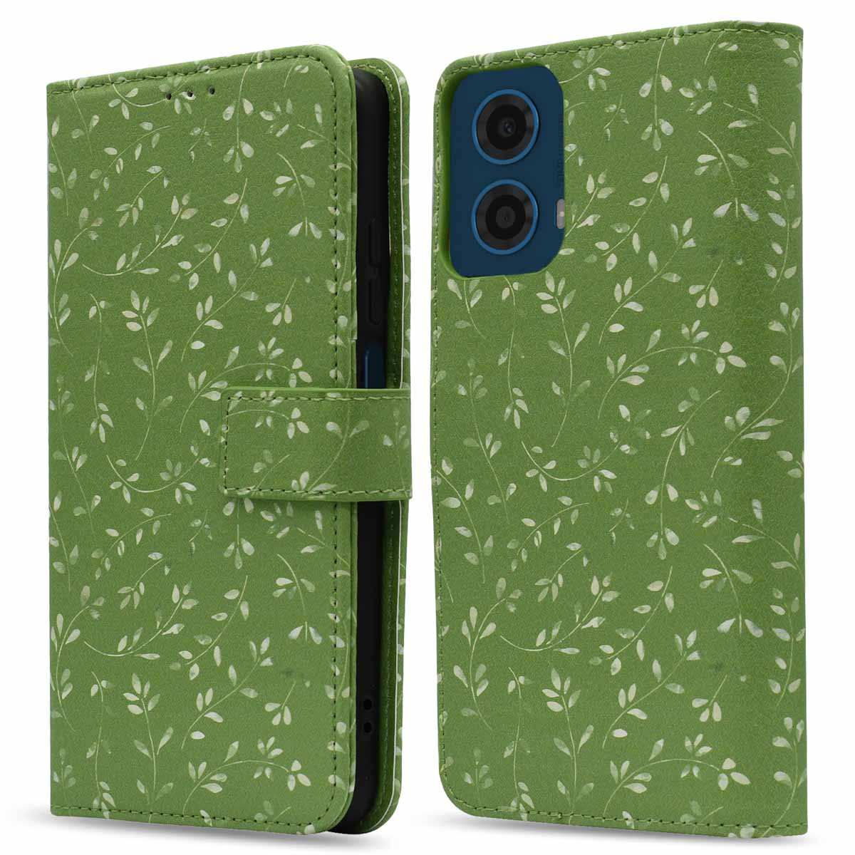Groene telefoonhoes, open. Groen met wit bladerpatroon. Met een flap die sluit met een magnetische sluiting.
