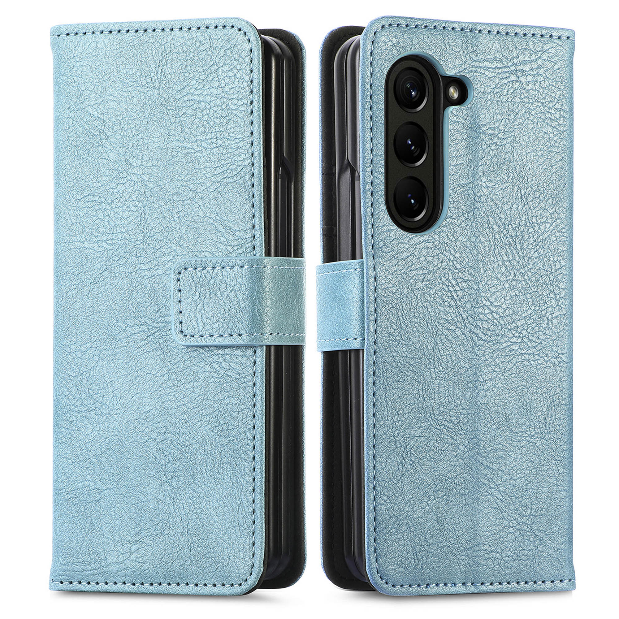 Lichtblauw leren telefoonhoesje, gesloten en open, met weergave van de telefoon.