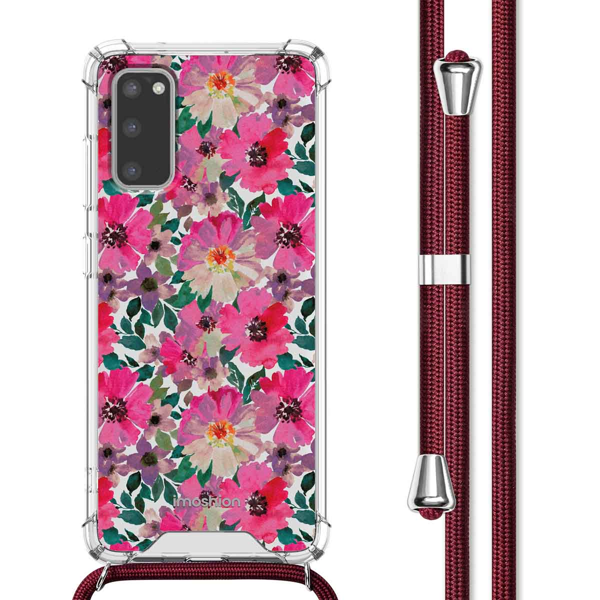 Coque de téléphone avec motif floral, fleurs roses, feuilles vertes. Lanière rouge.