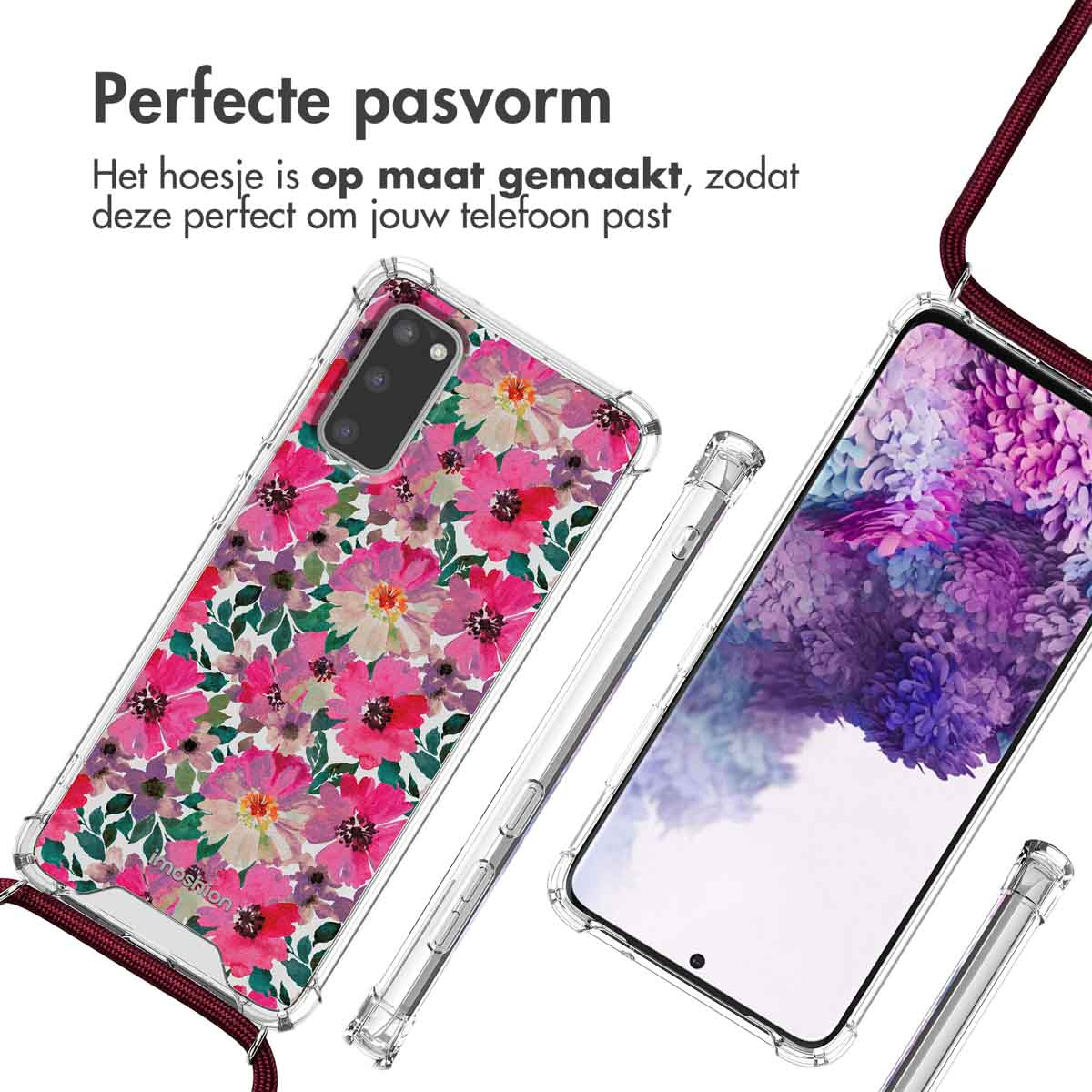 Coque de téléphone transparente avec un motif floral. Le téléphone est dans la coque. Lanière bordeaux attachée.