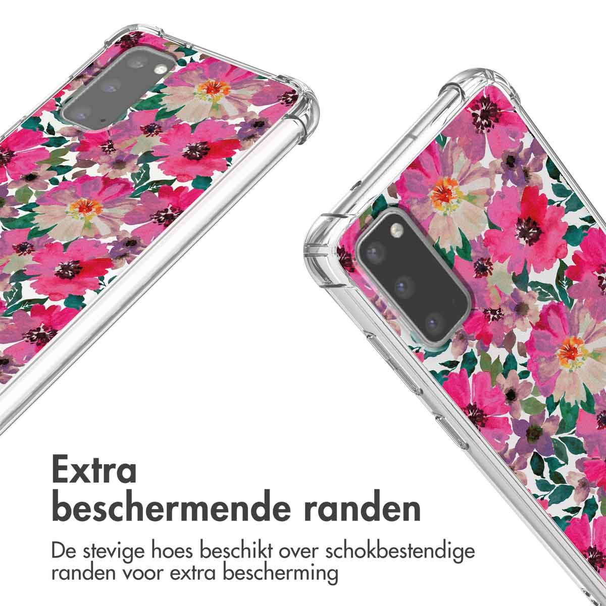 Deux coques de téléphone avec motifs floraux roses. Les deux coques ont des bordures protectrices transparentes.