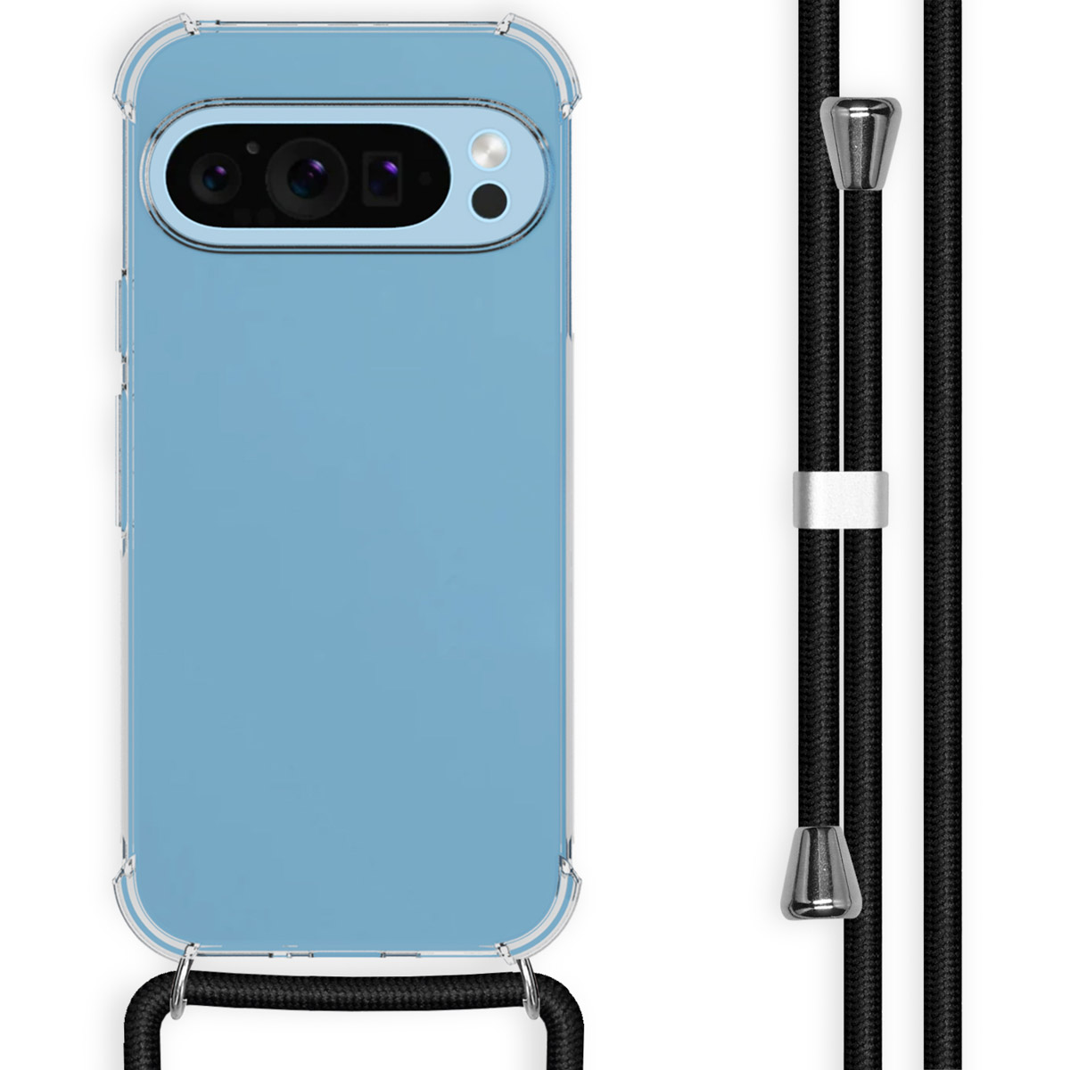 Hellblaue Handyhülle mit schwarzem Riemen und silberfarbener Hardware.