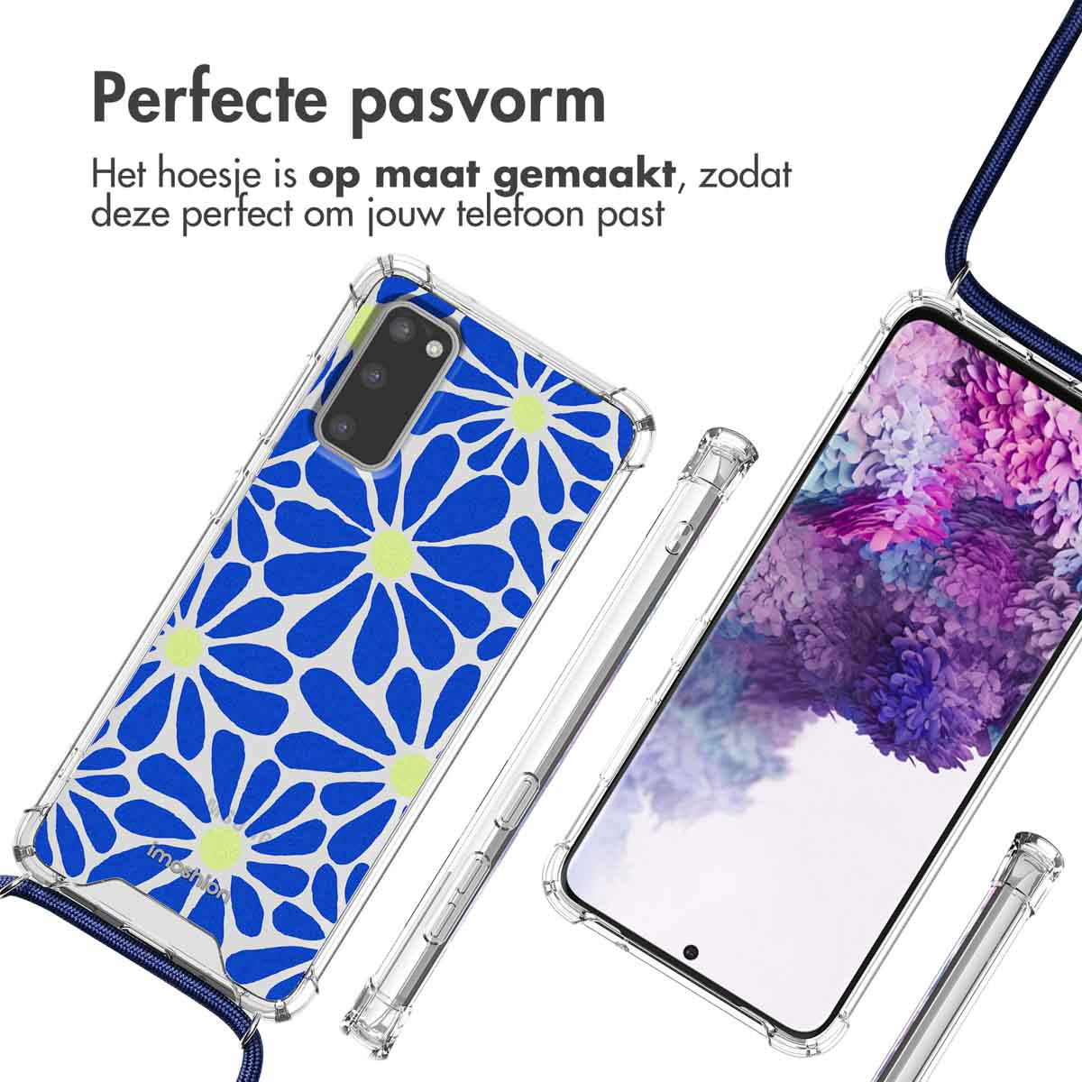 Coques de téléphone avec motif de fleurs bleues et blanches. Transparentes et à motifs, avec un cordon.