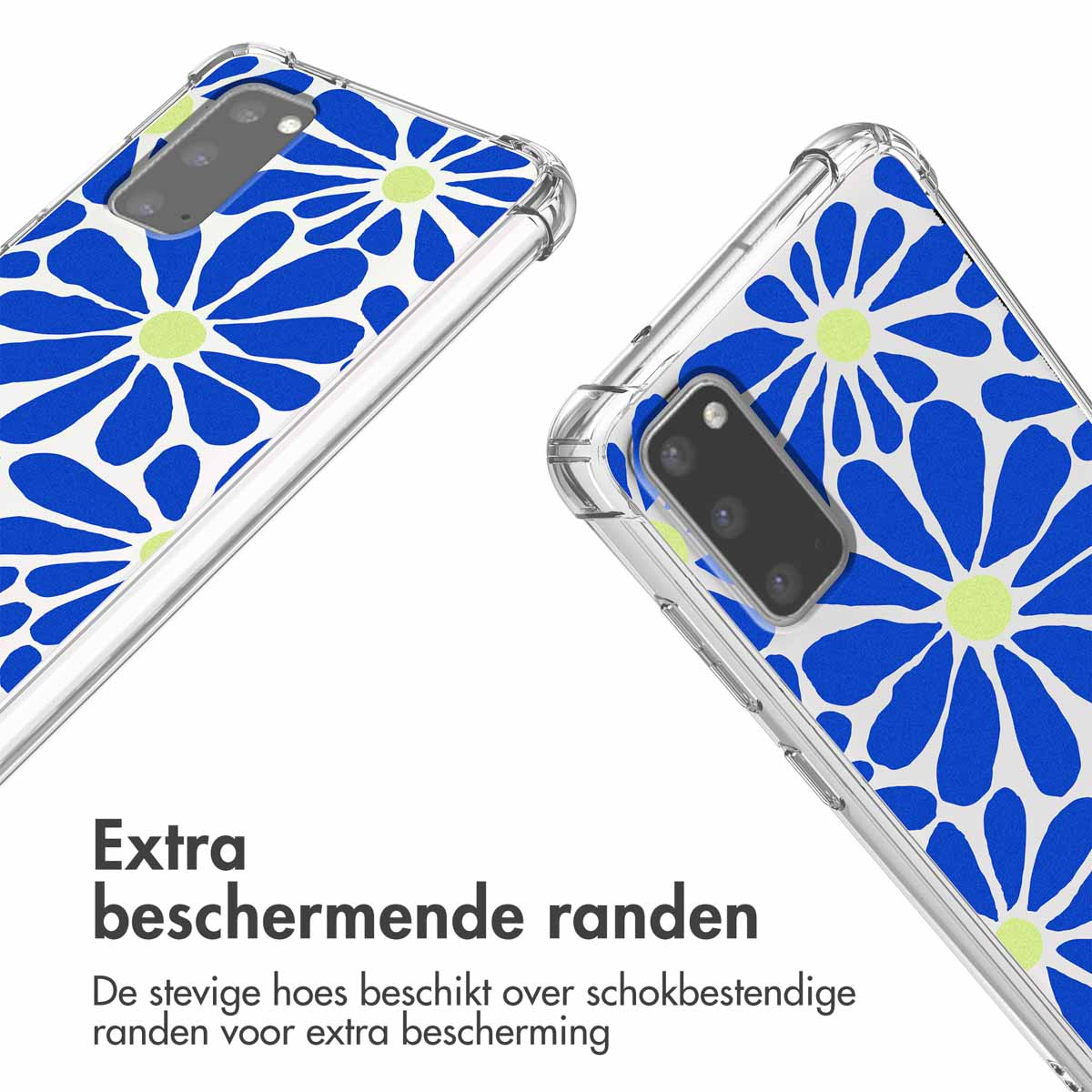Gros plan de deux coques de téléphone avec un motif de marguerites bleues.
