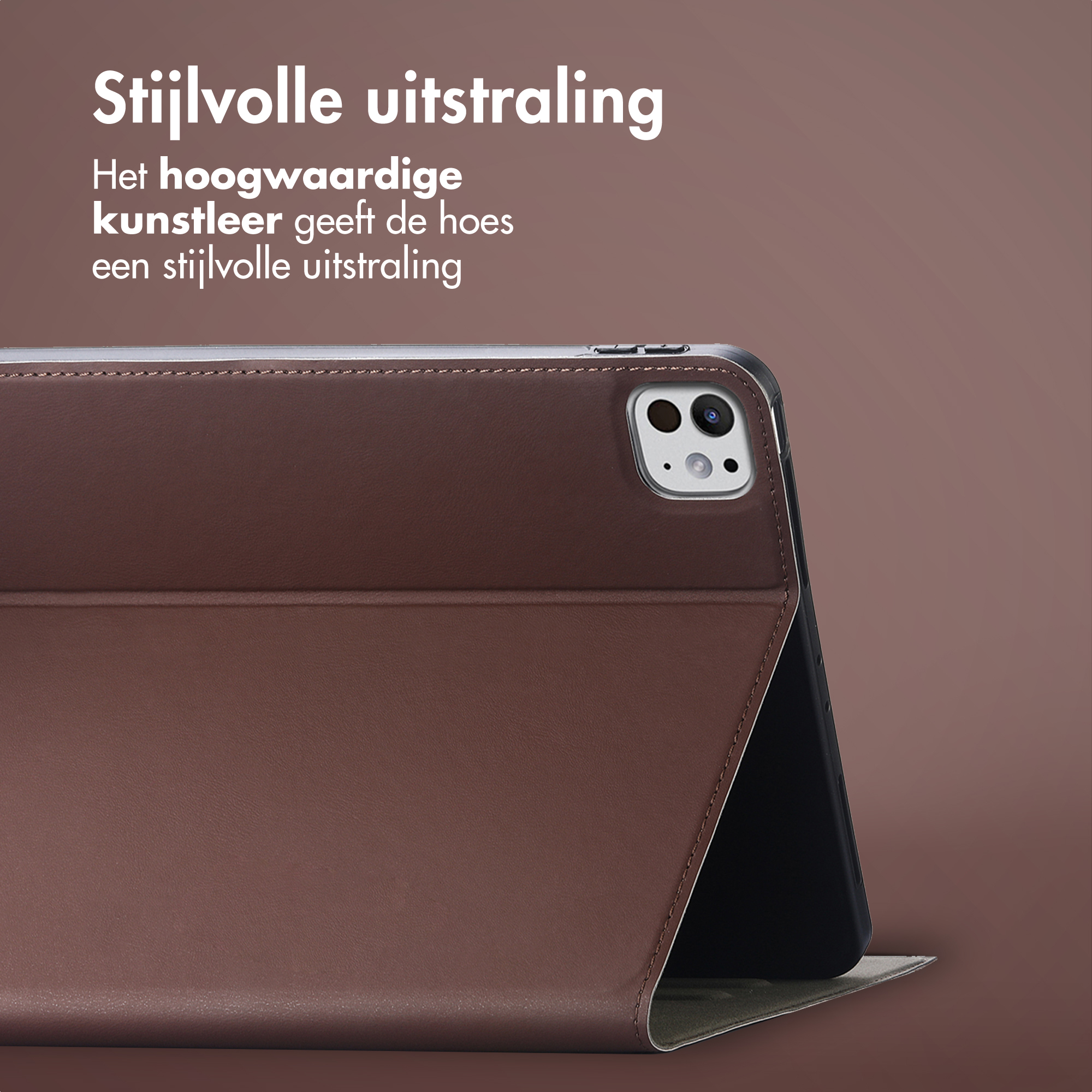 Brown leather tablet case. The tablet is partially visible.