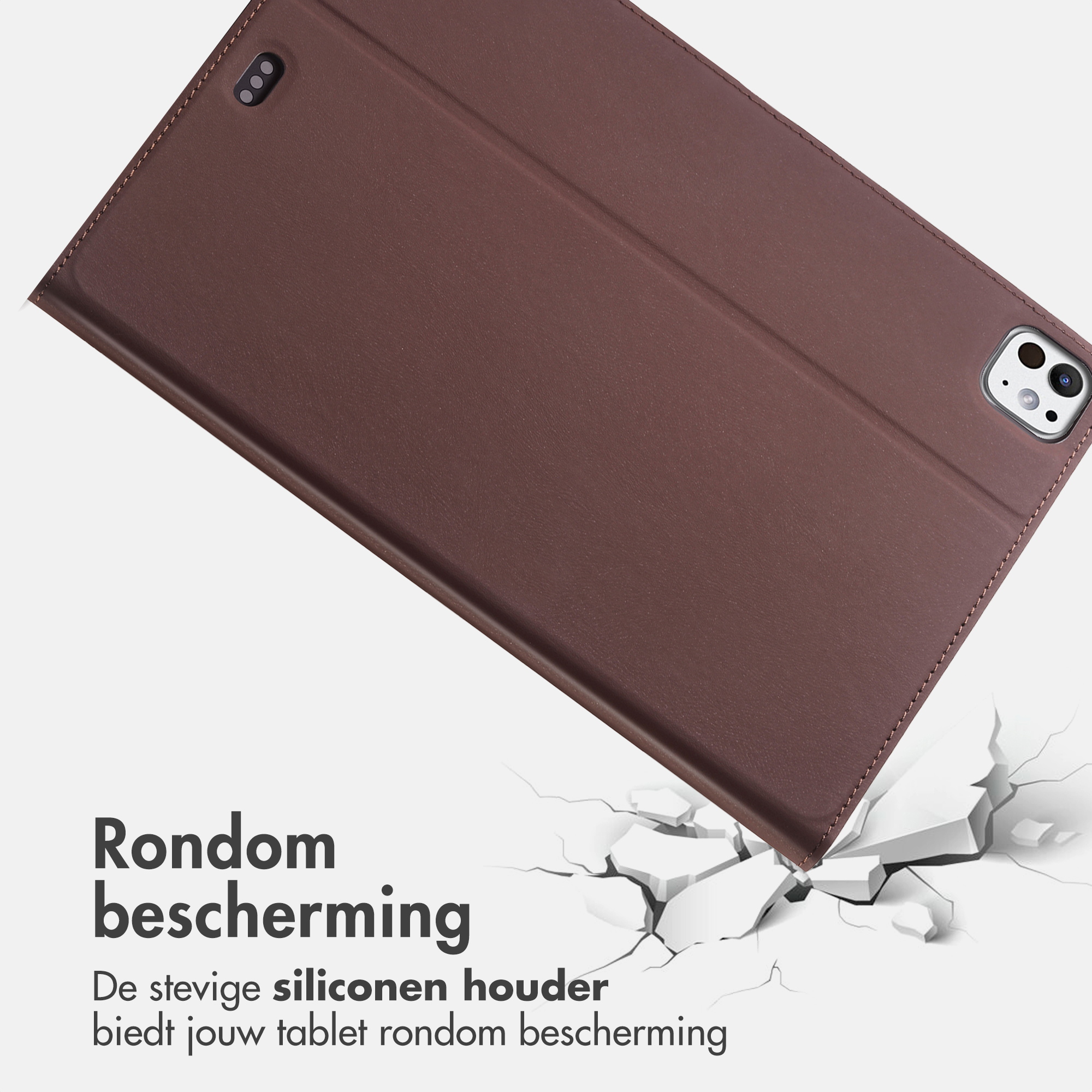 Brown tablet case with a folded cover, and white cracked ground effect.