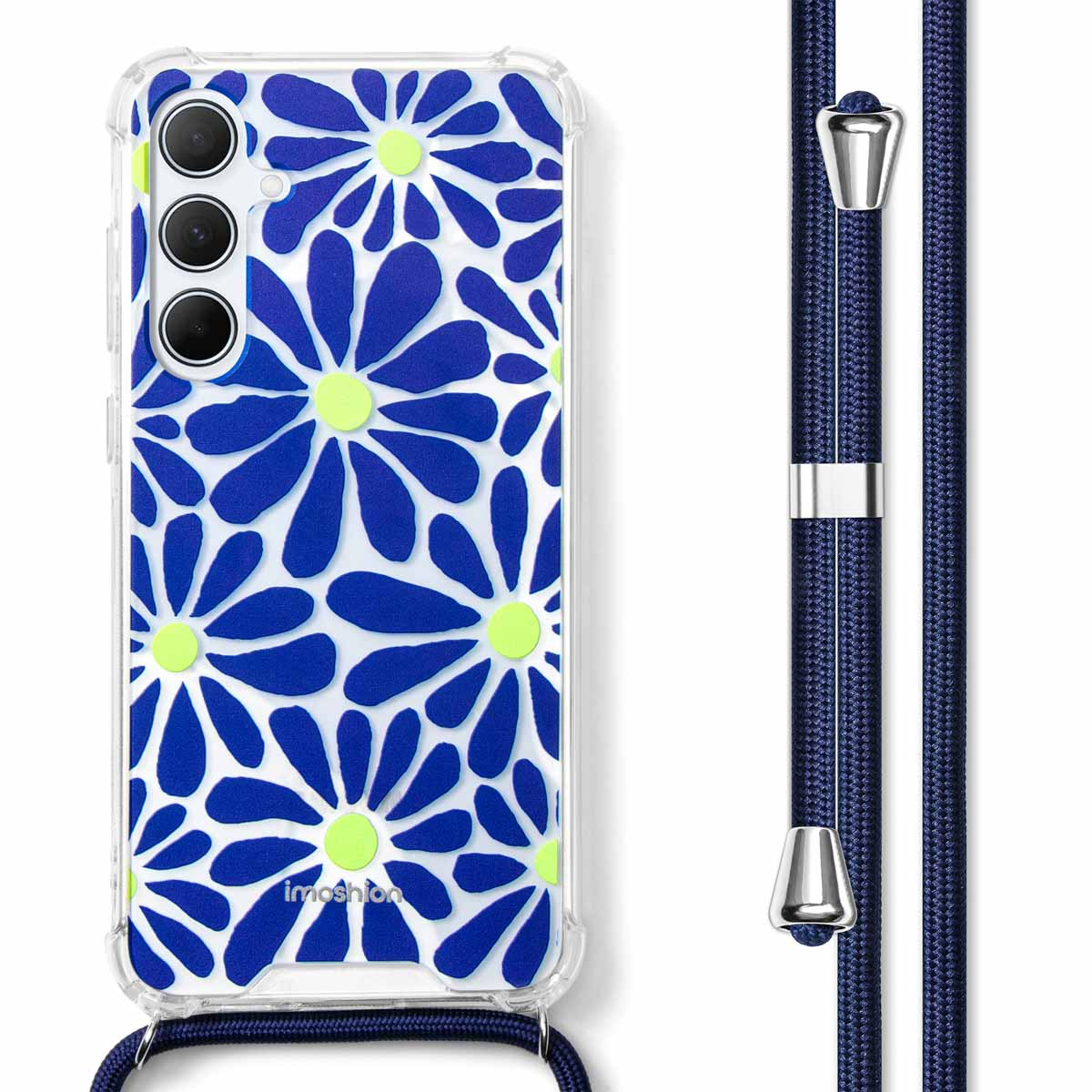 Coque de téléphone avec motif de fleurs bleues, étui transparent et lanière bleue.