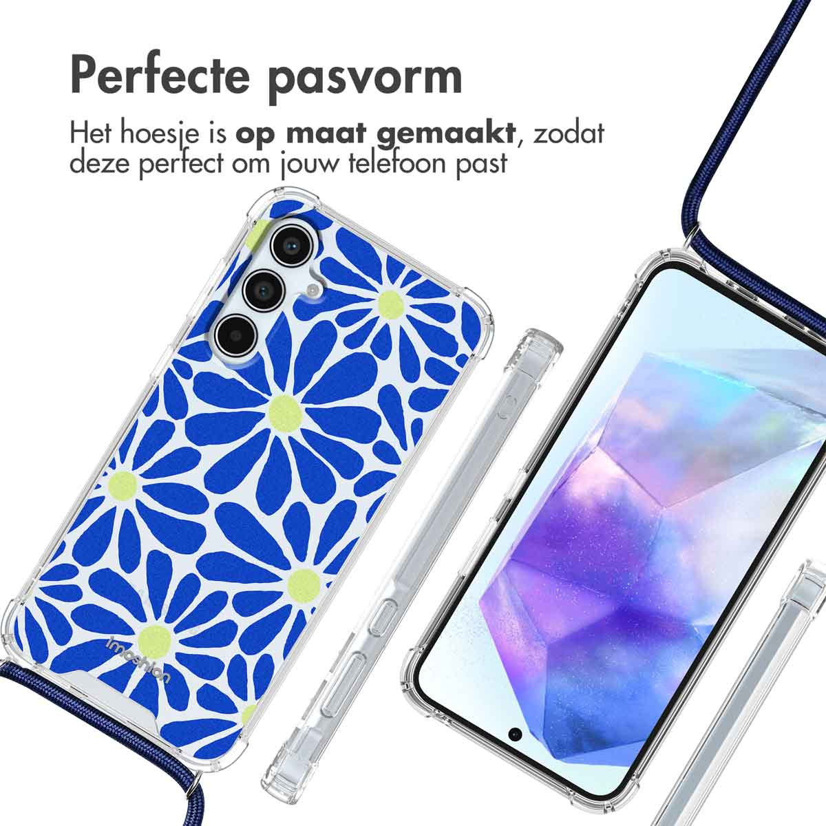 Coque de téléphone à marguerites bleues à gauche, téléphone à droite, les deux avec lanière bleu marine.