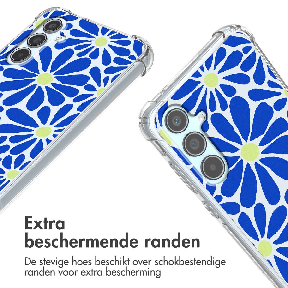 Deux coques de téléphone avec des motifs de fleurs bleues, présentant des bords protecteurs supplémentaires pour la résistance aux chocs.