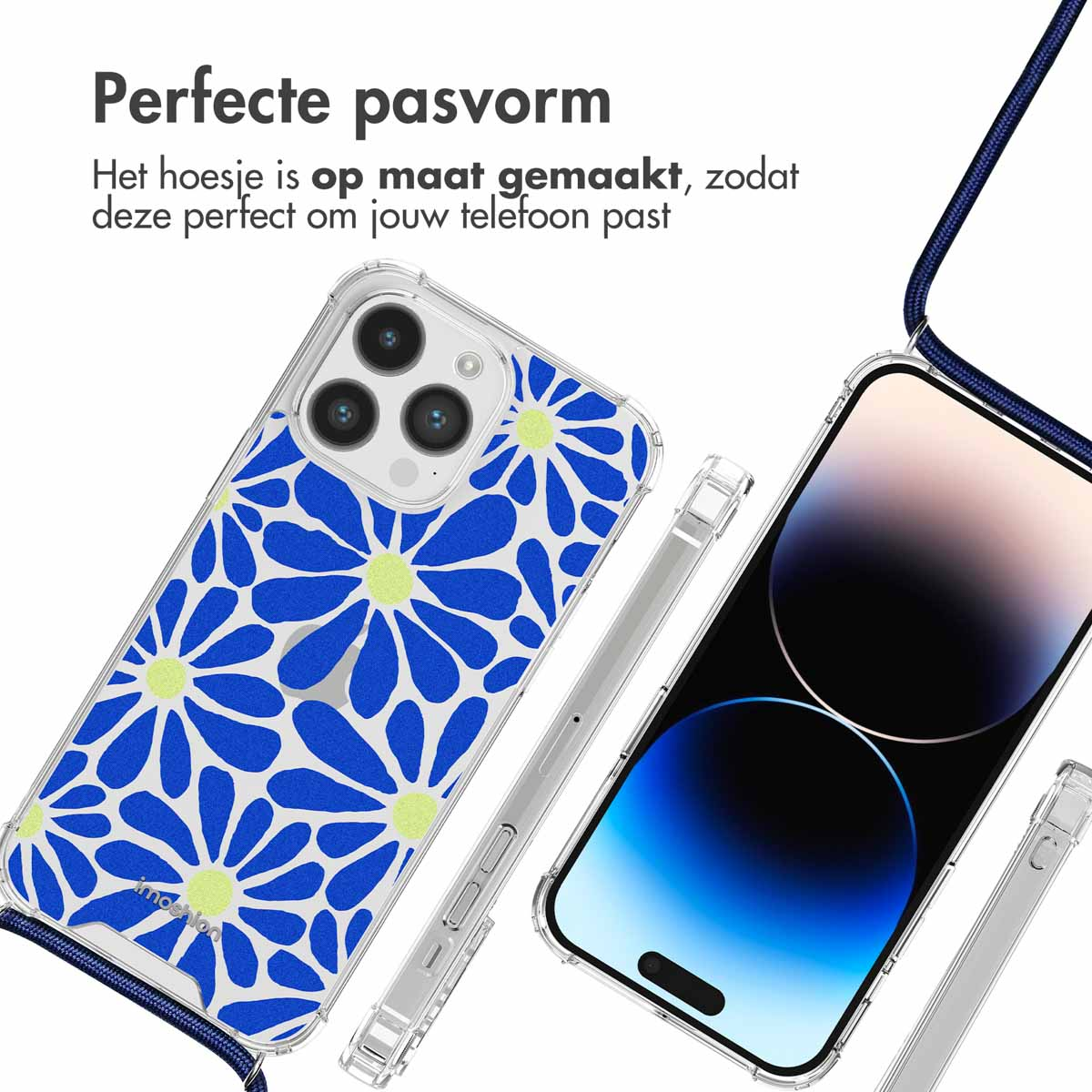 Coque de téléphone transparente avec motif de marguerites bleues. Téléphone visible avec cordon bleu. Motif de marguerites sur la coque.