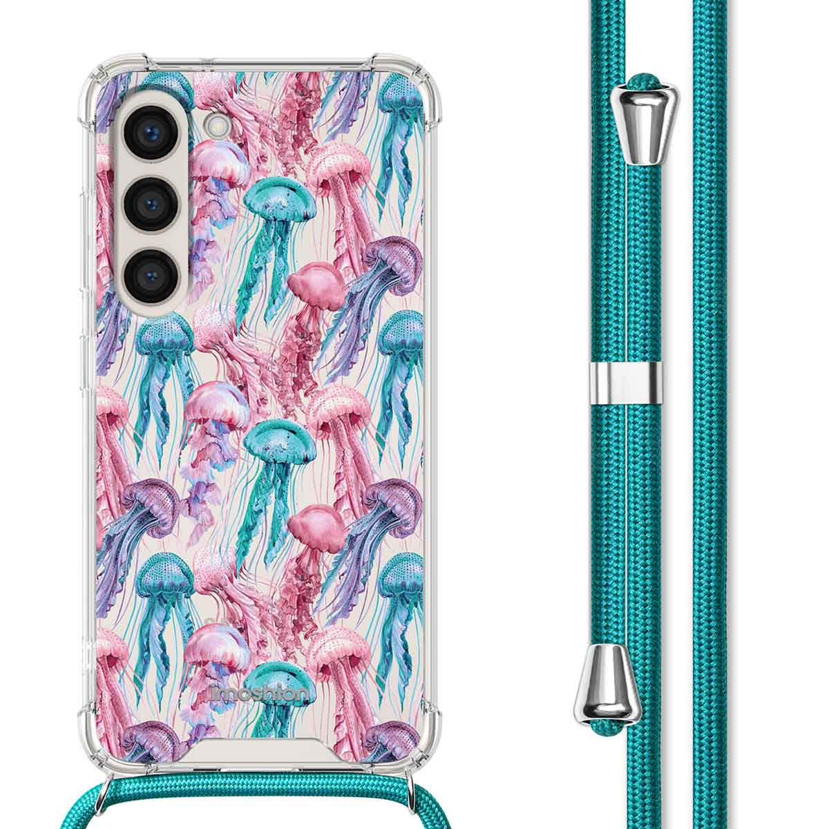 Telefoonhoesje met kwallenpatroon, turquoise koord. Kwallen zijn blauw en roze op wit.