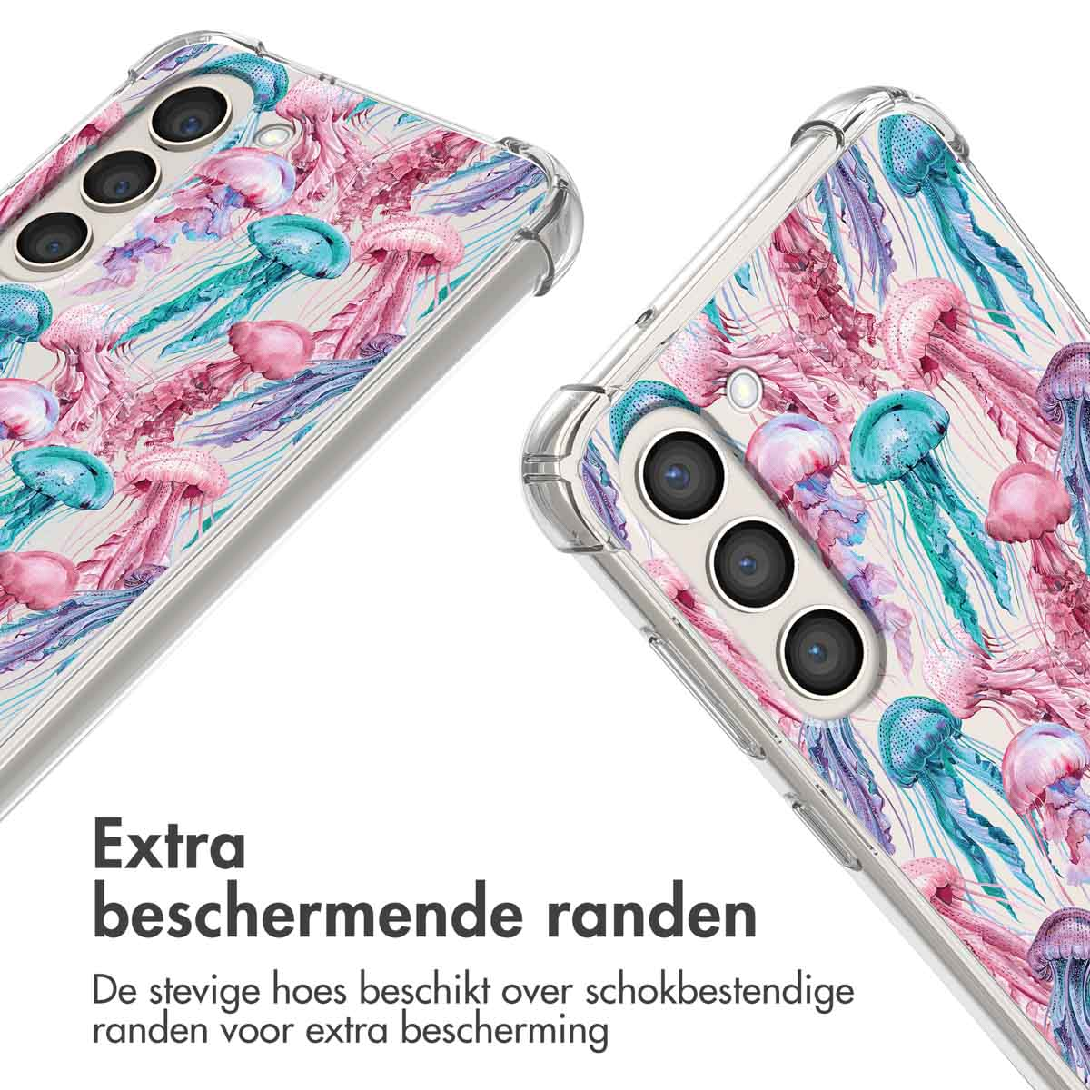 Twee telefoonhoesjes met kwallenmotieven. Beide hoesjes hebben doorzichtige, beschermende randen.