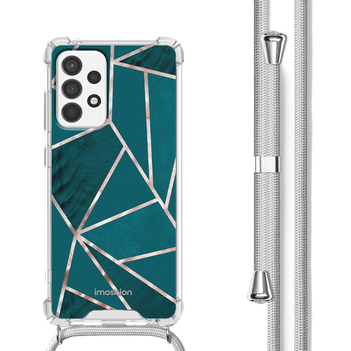 Coque de téléphone sarcelle avec cordon. Coque géométrique à motifs. Cordon argenté attaché.