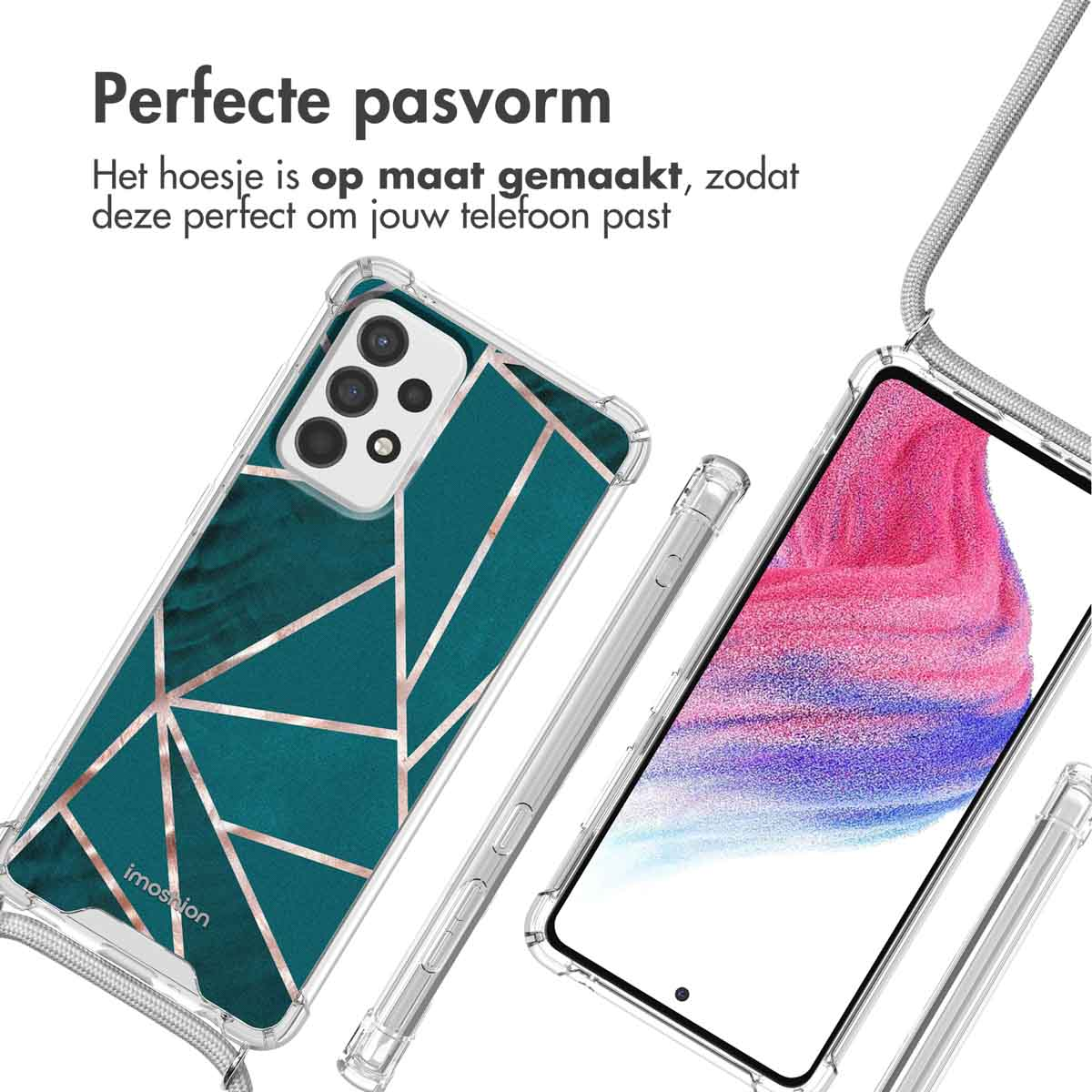 Coques de téléphone transparentes. L'une a un design géométrique bleu sarcelle et or. L'autre a un téléphone.