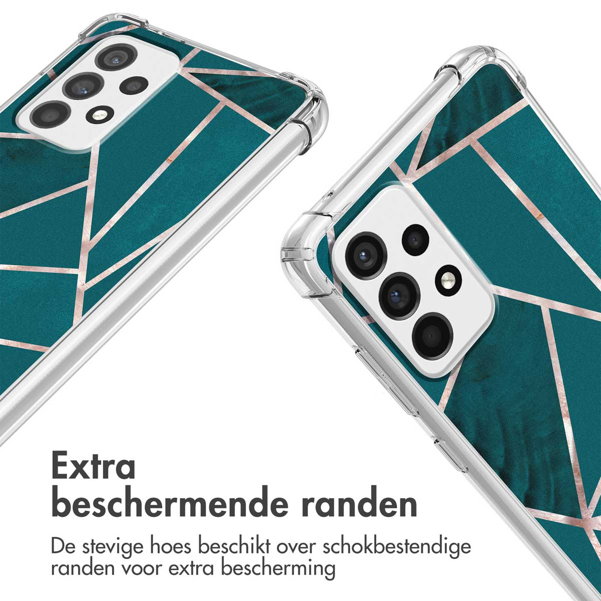 Deux coques de téléphone avec des motifs géométriques sarcelle et des accents or rose.
