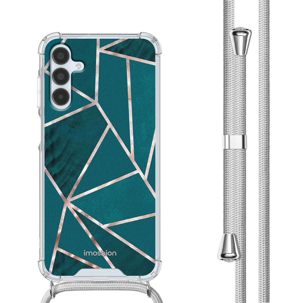 Teal telefoonhoesje met gouden lijnen, en een wit touw. Transparant telefoonhoesje.