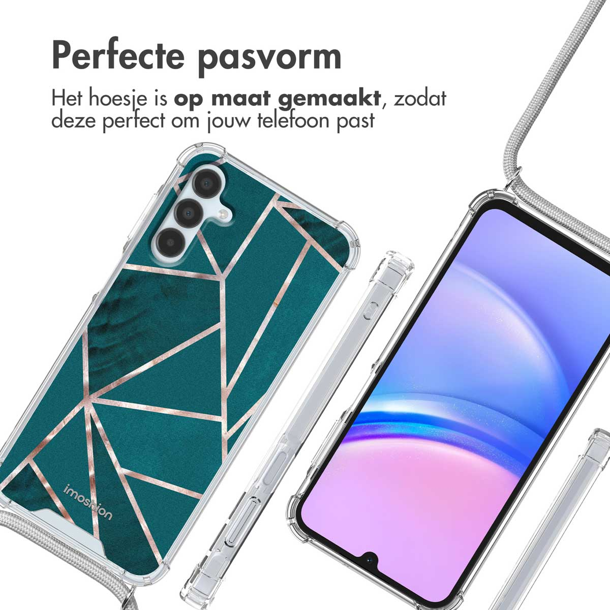 Transparante telefoonhoes met teal en roségouden geometrisch ontwerp, telefoon op de achtergrond.