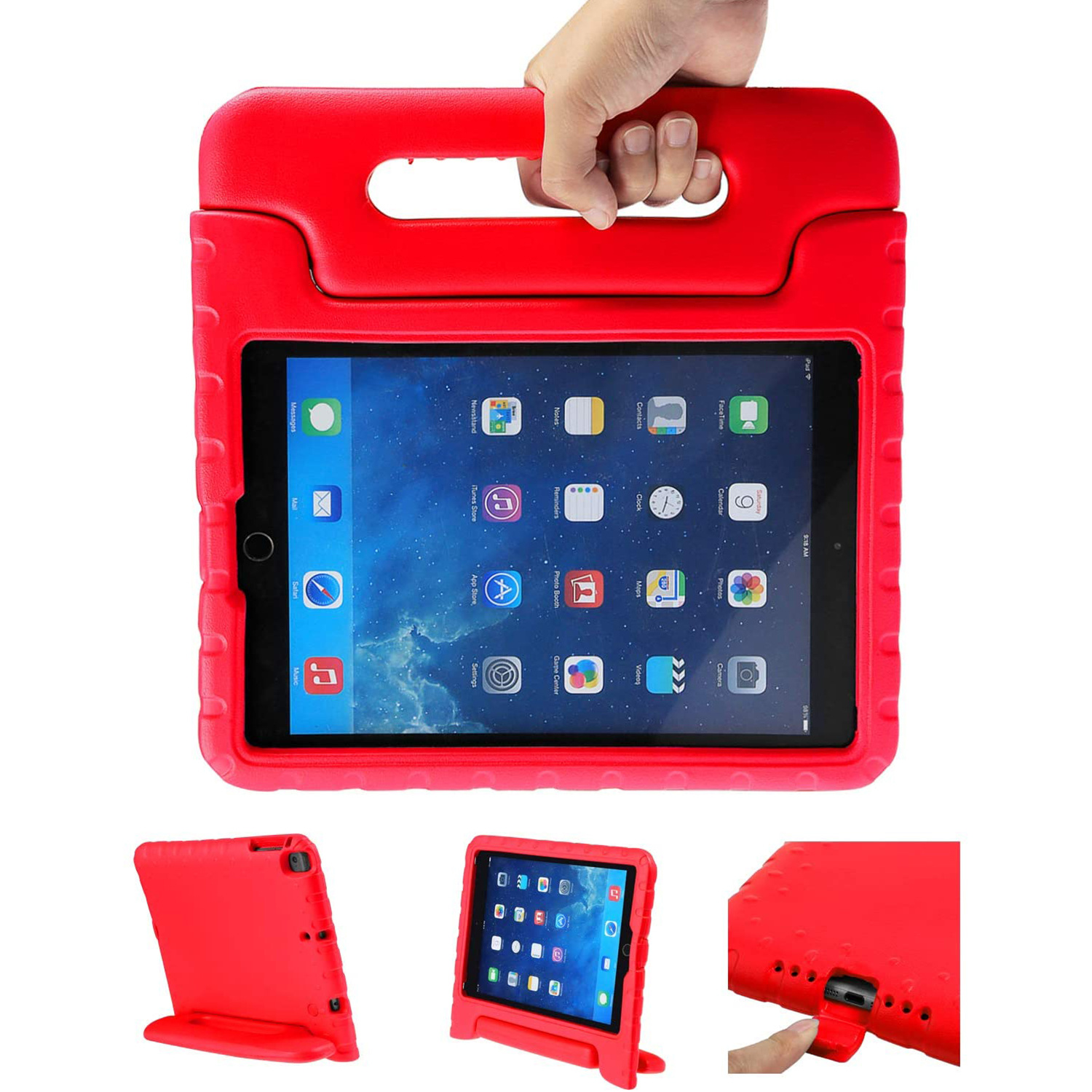 Rode tablethoes met handvat en scherm. Drie weergaven van de hoes. Tablet is zichtbaar met apps op het scherm.