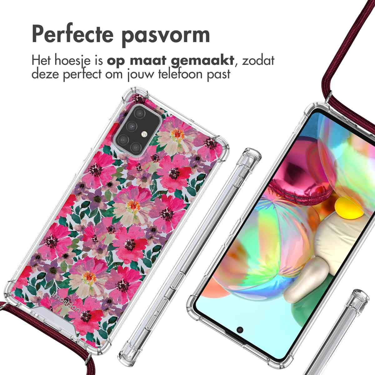 Coques de téléphone avec motif floral rose et une lanière bordeaux assortie.