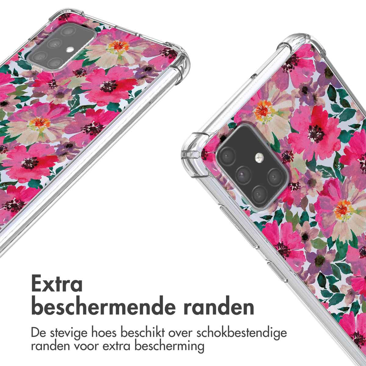 Deux coques de téléphone avec des motifs floraux roses, mettant en évidence les bords protecteurs supplémentaires pour la résistance aux chocs.