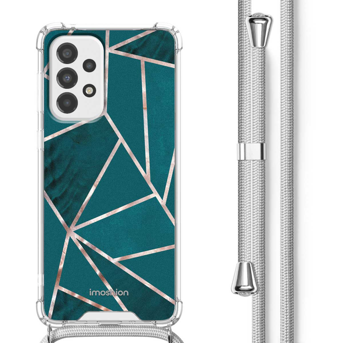 Coque de téléphone avec un design géométrique turquoise et un cordon argenté. Texte : Ajustement parfait.