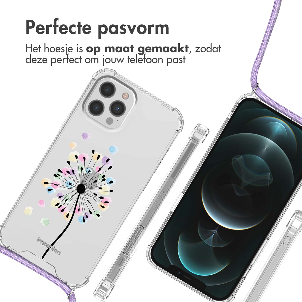 Coque de téléphone transparente avec motif de pissenlit. Le second téléphone a un écran. Les deux ont des lanières.