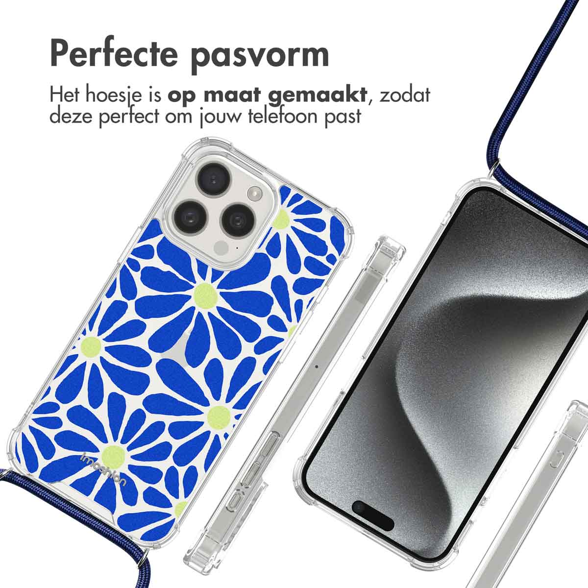 Telefoonhoesje met blauw madeliefontwerp en een transparante telefoon. Tekst: Perfecte pasvorm. Donkerblauw koord.