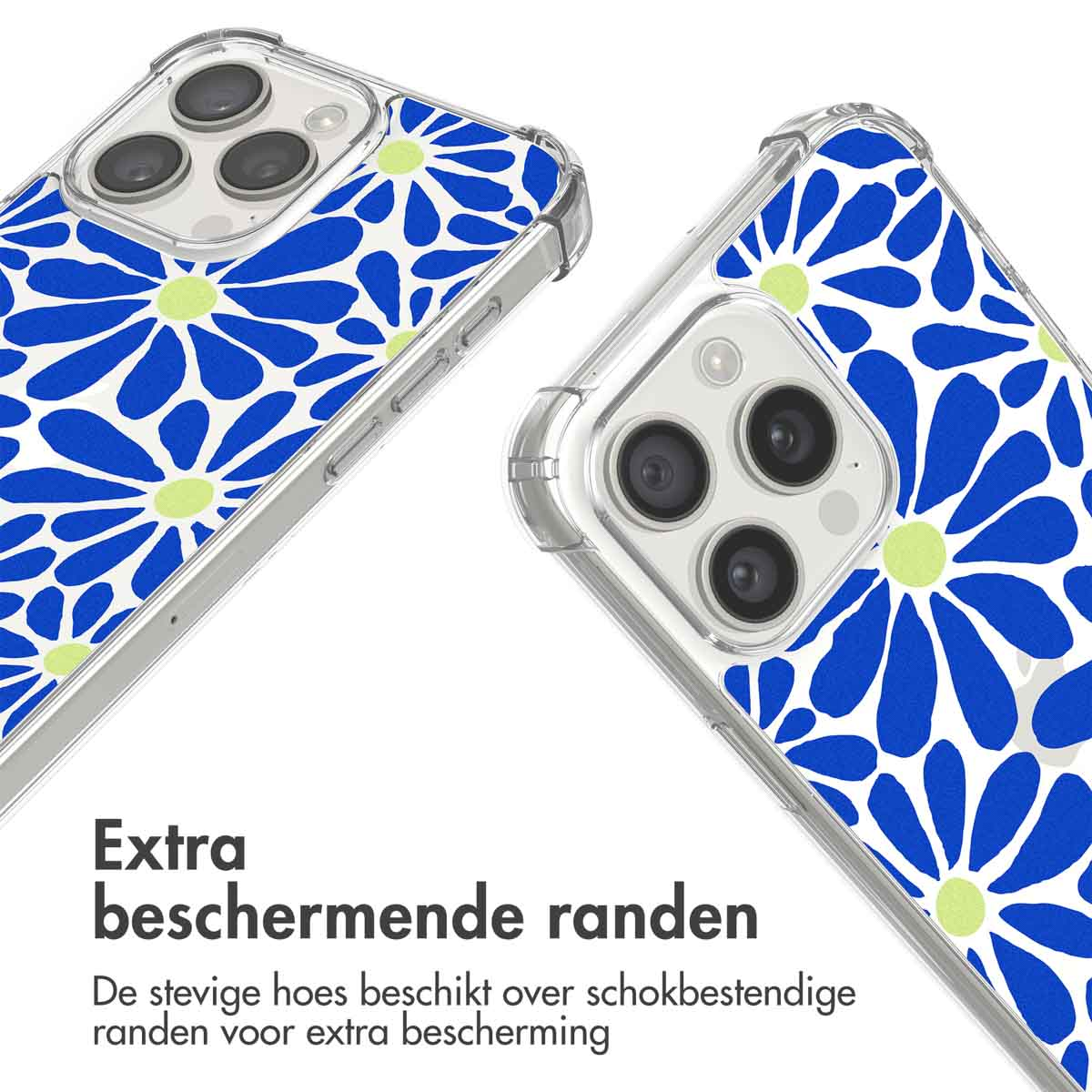 Twee telefoonhoesjes met blauw bloemenpatroon en groen centrum.