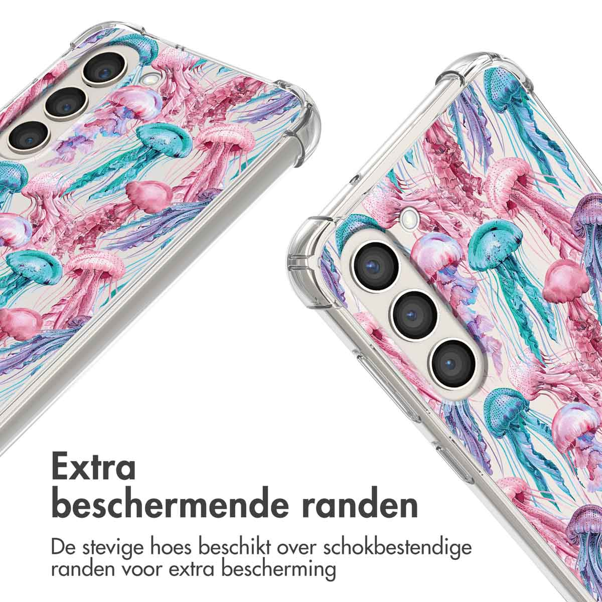 Close-up van twee telefoonhoesjes met kwallenpatroon. Transparante randen, roze en turquoise kwallen.