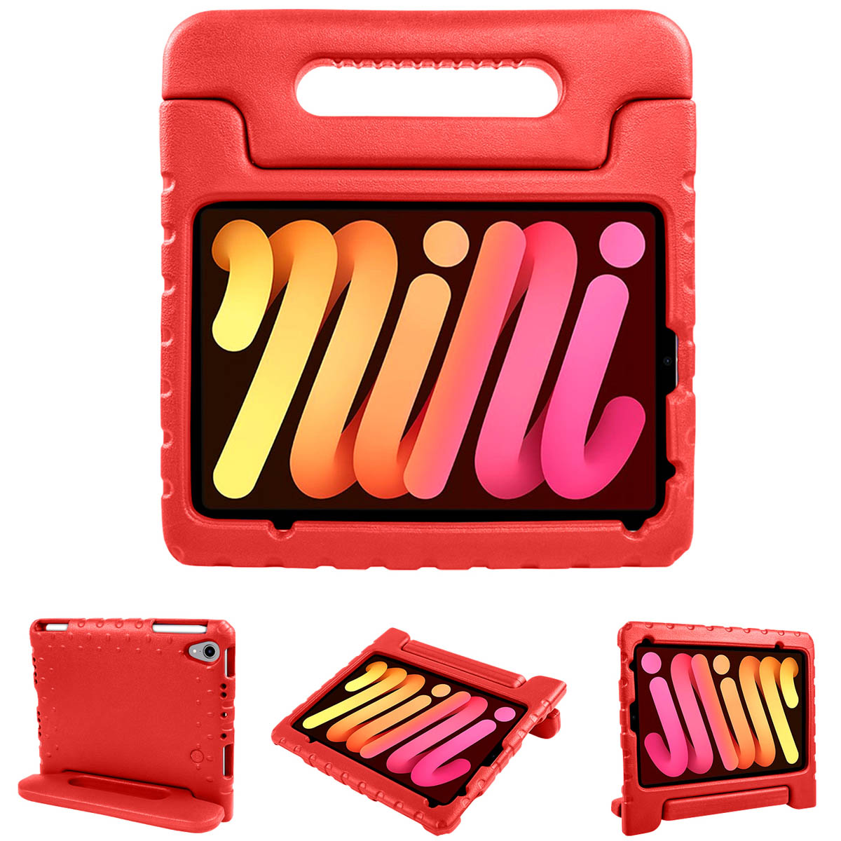 Rode tablethoes met handvat, ondersteunende tablet. De tablet staat in het midden, kleurrijk scherm.