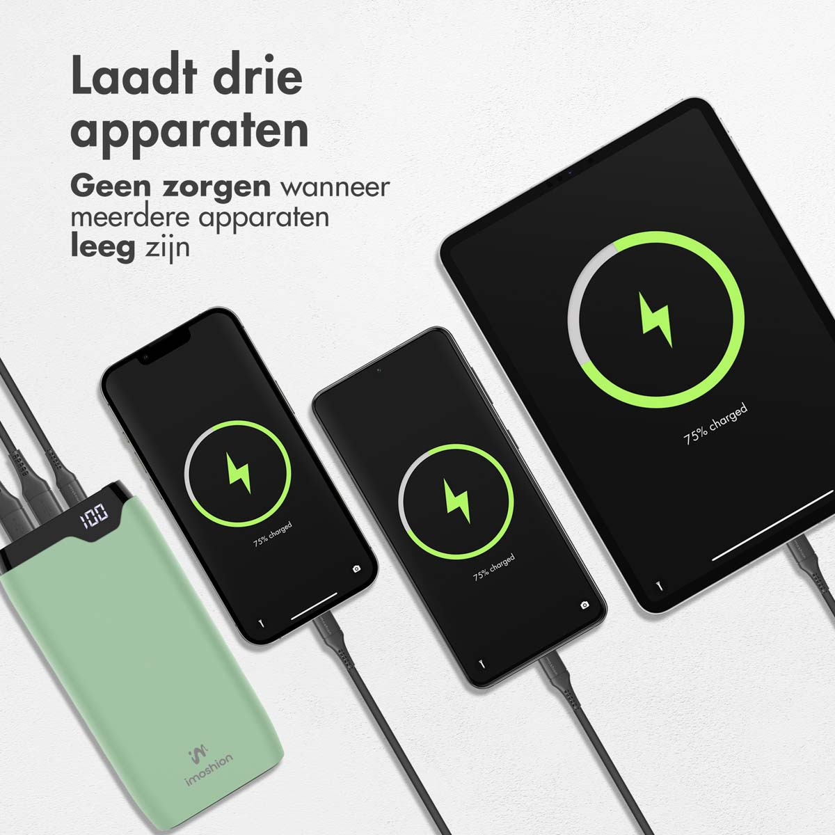 Trois appareils en charge : téléphone, téléphone et tablette, avec indicateur de charge indiquant 75 % et une banque d'alimentation.